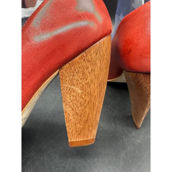 ALDO Red Leather Peep Toe Heels Women’s Size 40 (US 9.5-10) Wood Cone Heel - Picture 4 of 13